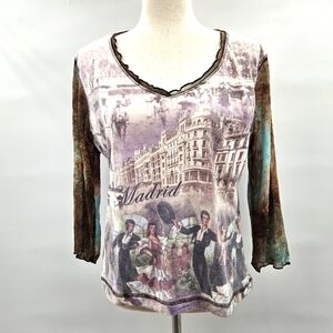 Unity Worldwear Vneck Plum & Brown Madrid Theme Tee‎ Size Large